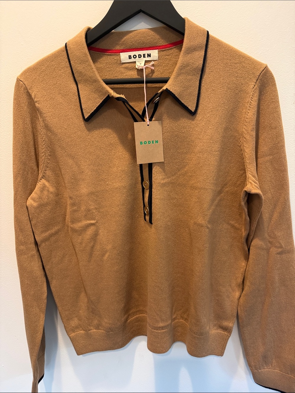 Boden Women's Camel V-Neck Polo Sweater with Black Trim
